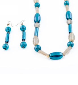 Turquoise and cream Indian glass bead necklace and earrings set
